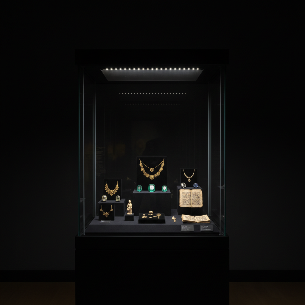 Museum glass display vitrine with small precious objects, illuminated by tiny LED strip inside cabinet from top edge, CRI 98 R9>95, low heat low UV conservation lighting