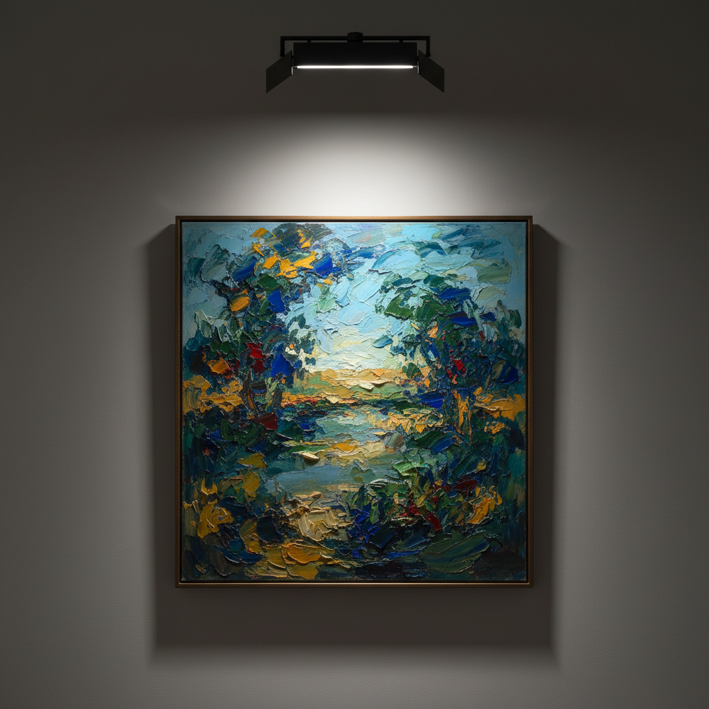 Large oil painting on a gallery wall lit by a single museum-quality track spotlight with 24-degree beam and barn doors, perfect framing wash to canvas edges, CRI 98 high fidelity color