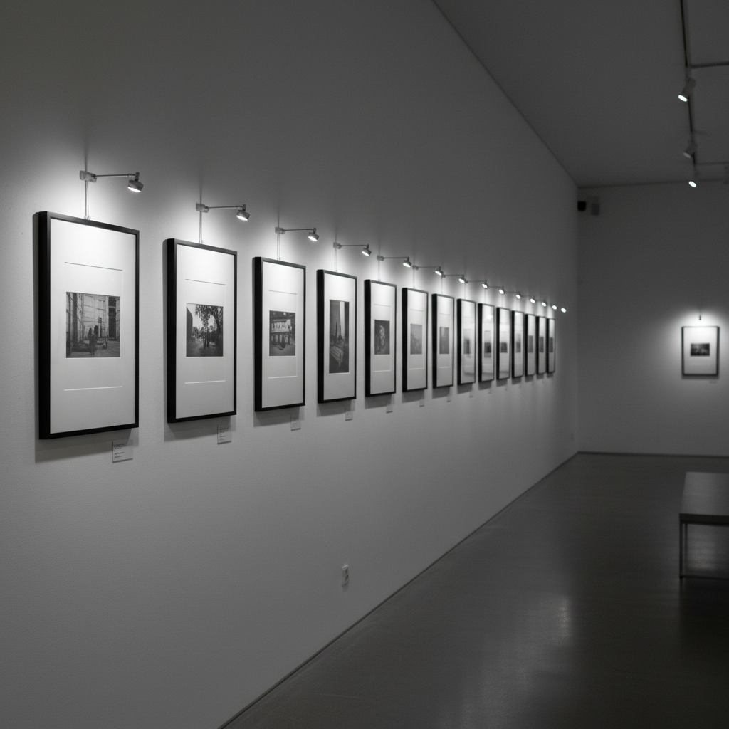 Photography exhibition room with framed black-and-white photographs in a row on a long wall, low ambient general lighting and individual picture lights above each frame, glare-free anti-reflection lighting on glass