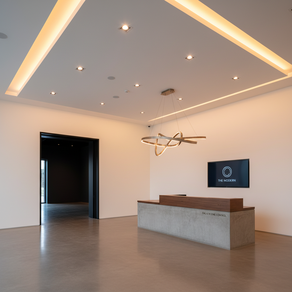 Modern art gallery entrance lobby and reception desk with branded signage, soft cove ceiling light and discreet downlights, 3000K warm white, sculptural pendant overhead