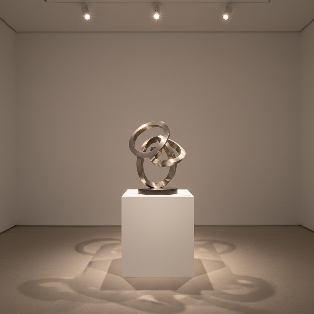 Contemporary sculpture on white plinth in a gallery, lit by three narrow-beam adjustable LED spots from above creating dimensional shadow, dramatic but conservation-safe low UV lighting