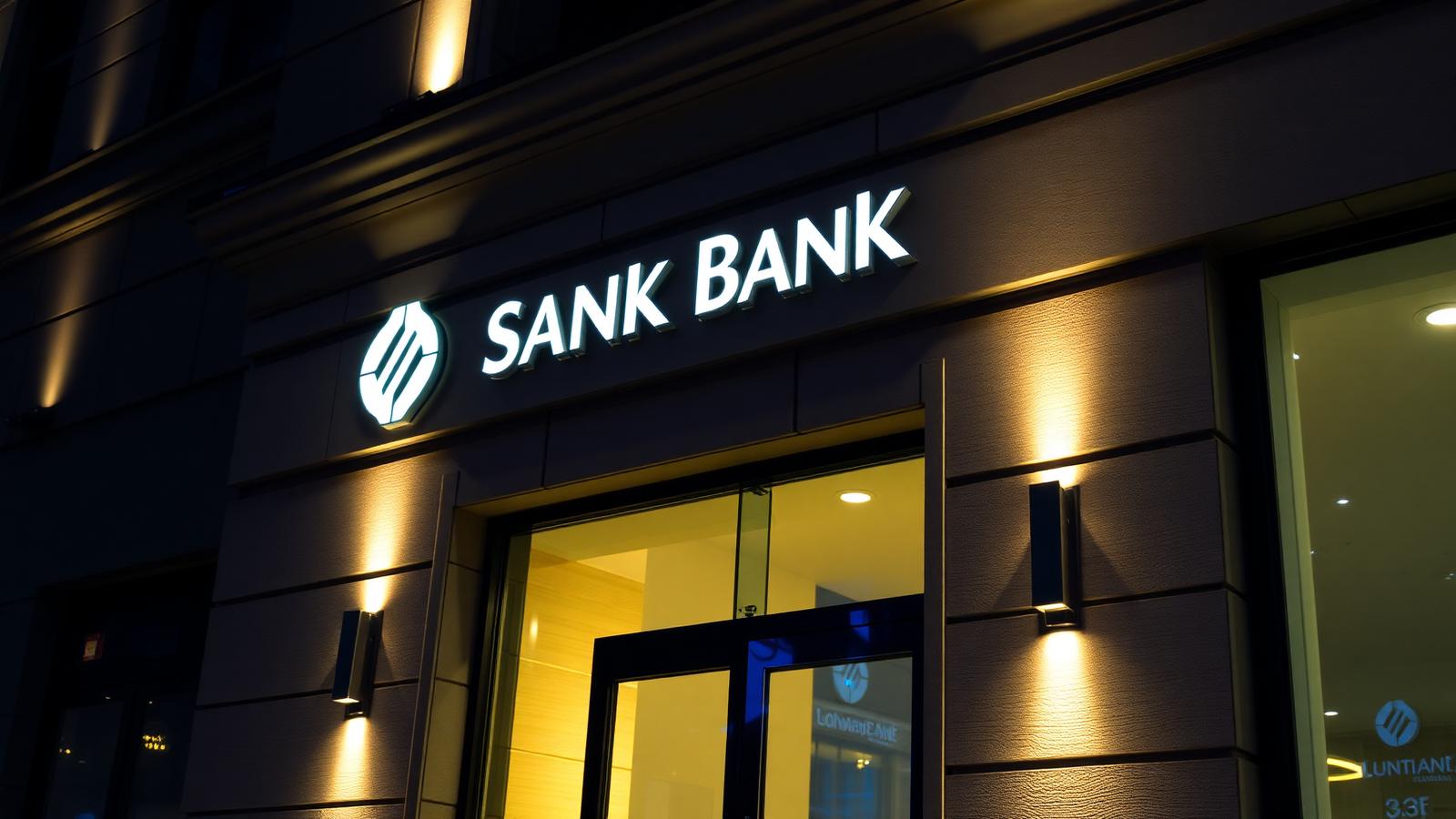 Bank facade exterior at night with linear wall washers and illuminated signage