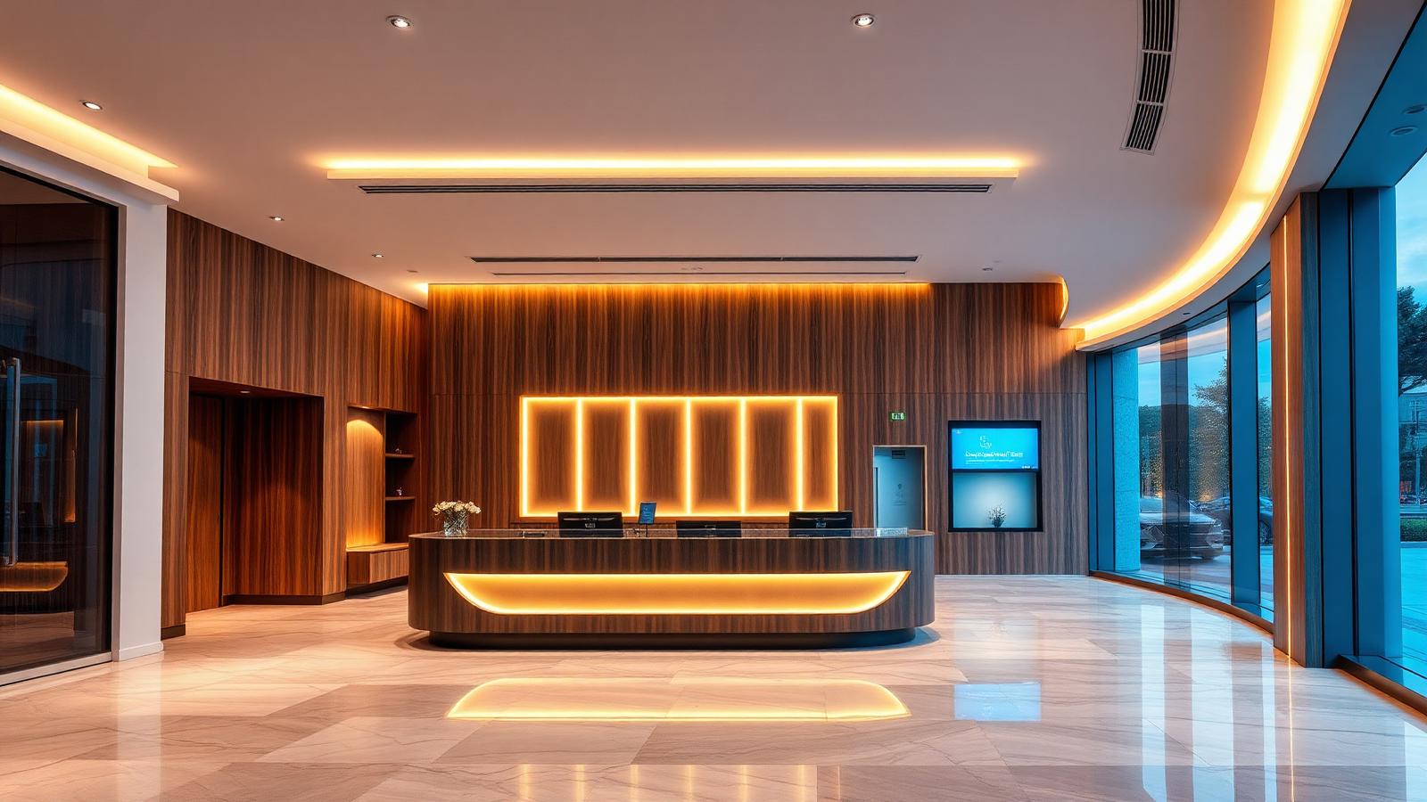 Modern luxury bank lobby with warm 3500K cove lighting