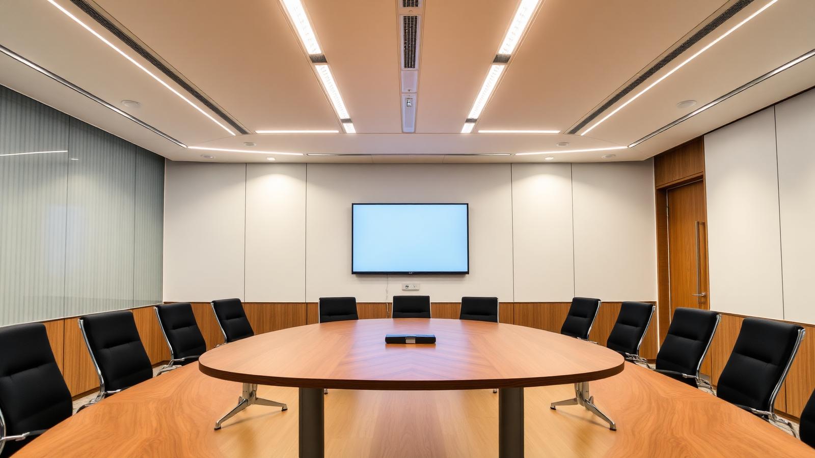 Bank conference meeting room with DALI tunable white linear lights and oval table