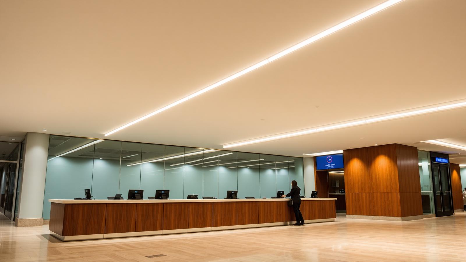 Bank teller counter line with shadow-free linear LED lighting
