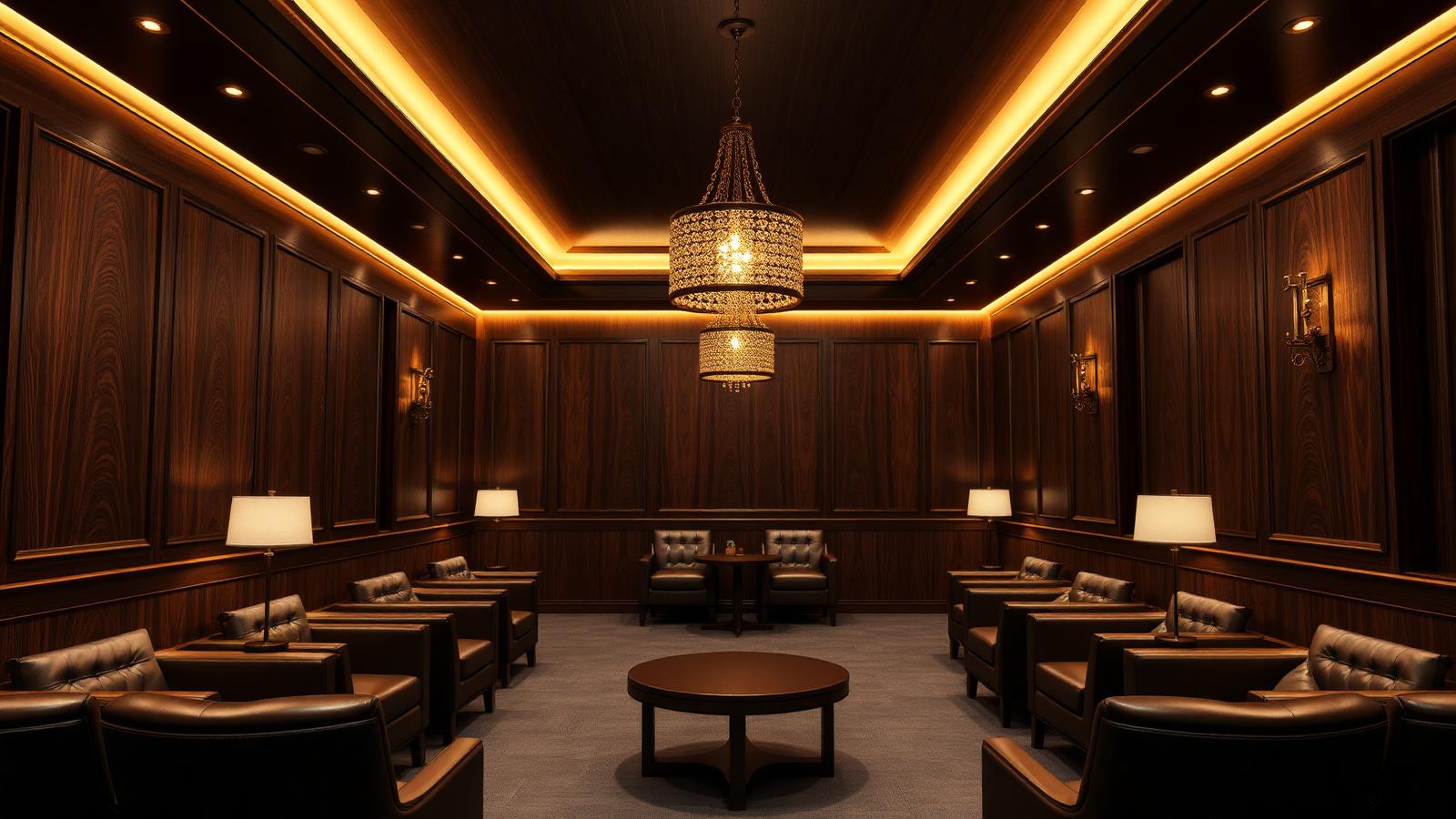 Private banking VIP wealth lounge with warm 3000K decorative chandeliers and walnut paneling
