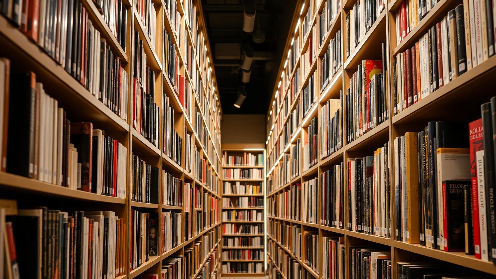 Bookstore tall bookshelf wall with vertical LED shelf lights illuminating every spine