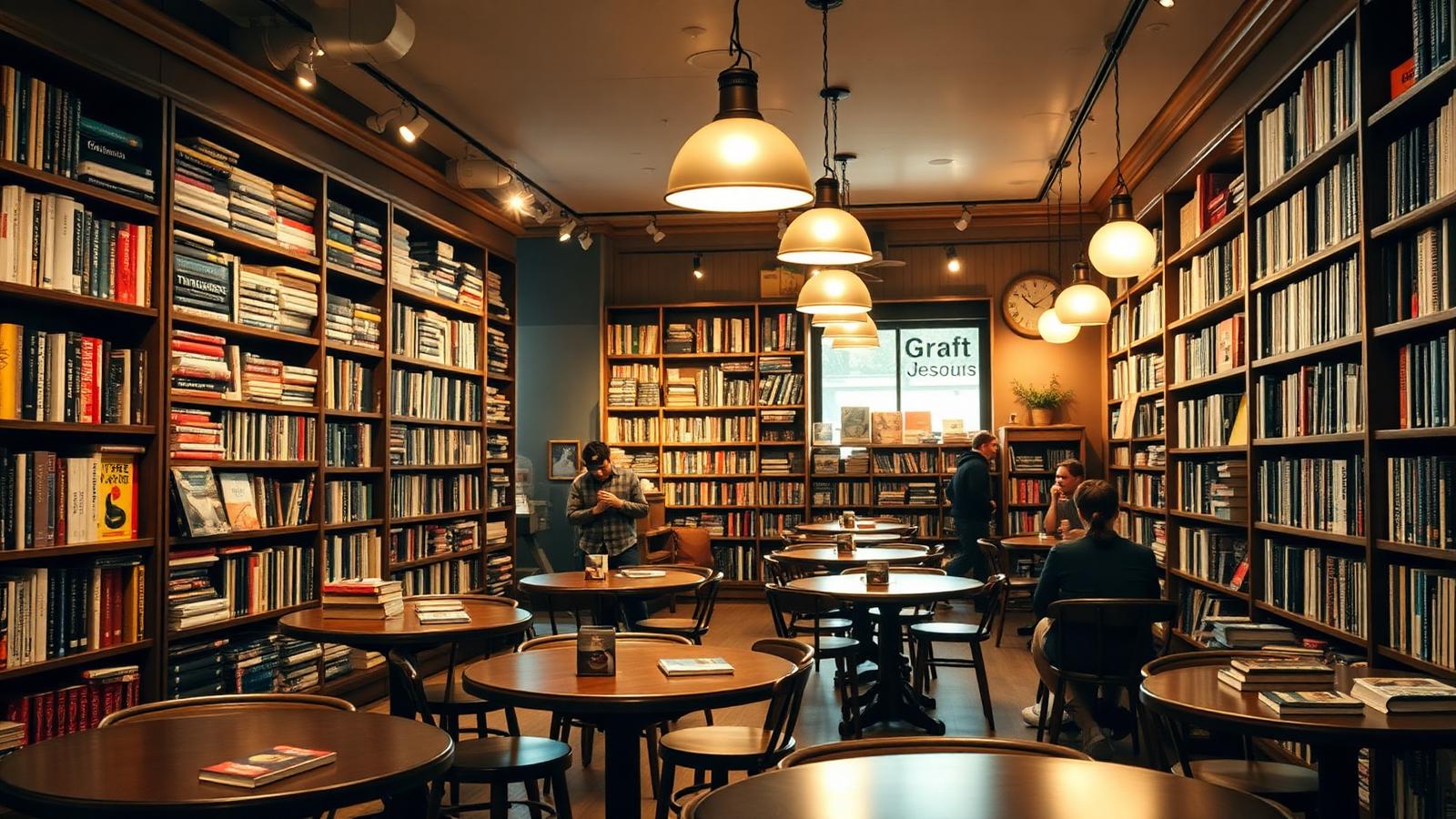 Bookstore in-store cafe corner with warm pendant lights over coffee tables and bookshelves