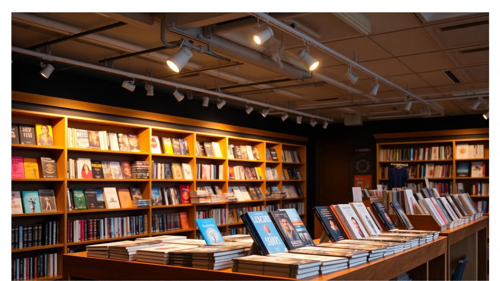 Bookstore featured display table with adjustable track spotlights highlighting new release book covers