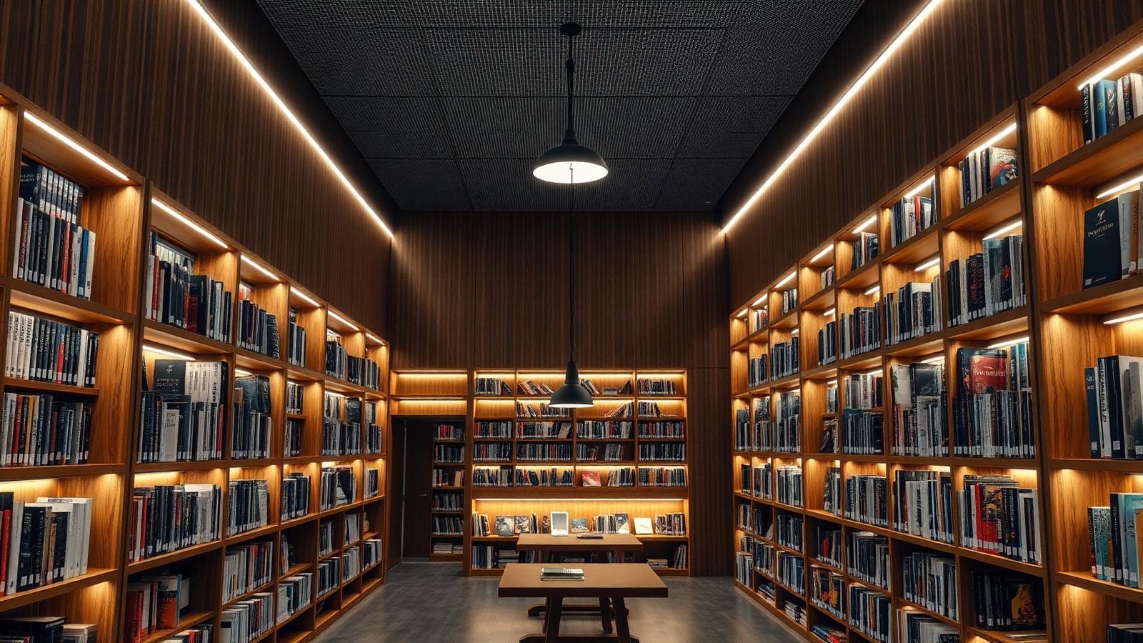 Modern luxury bookstore with warm 3000K shelf lighting and pendant