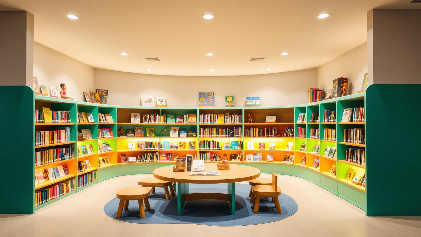 Bookstore children area with colorful low bookshelves and gentle warm 3000K downlights