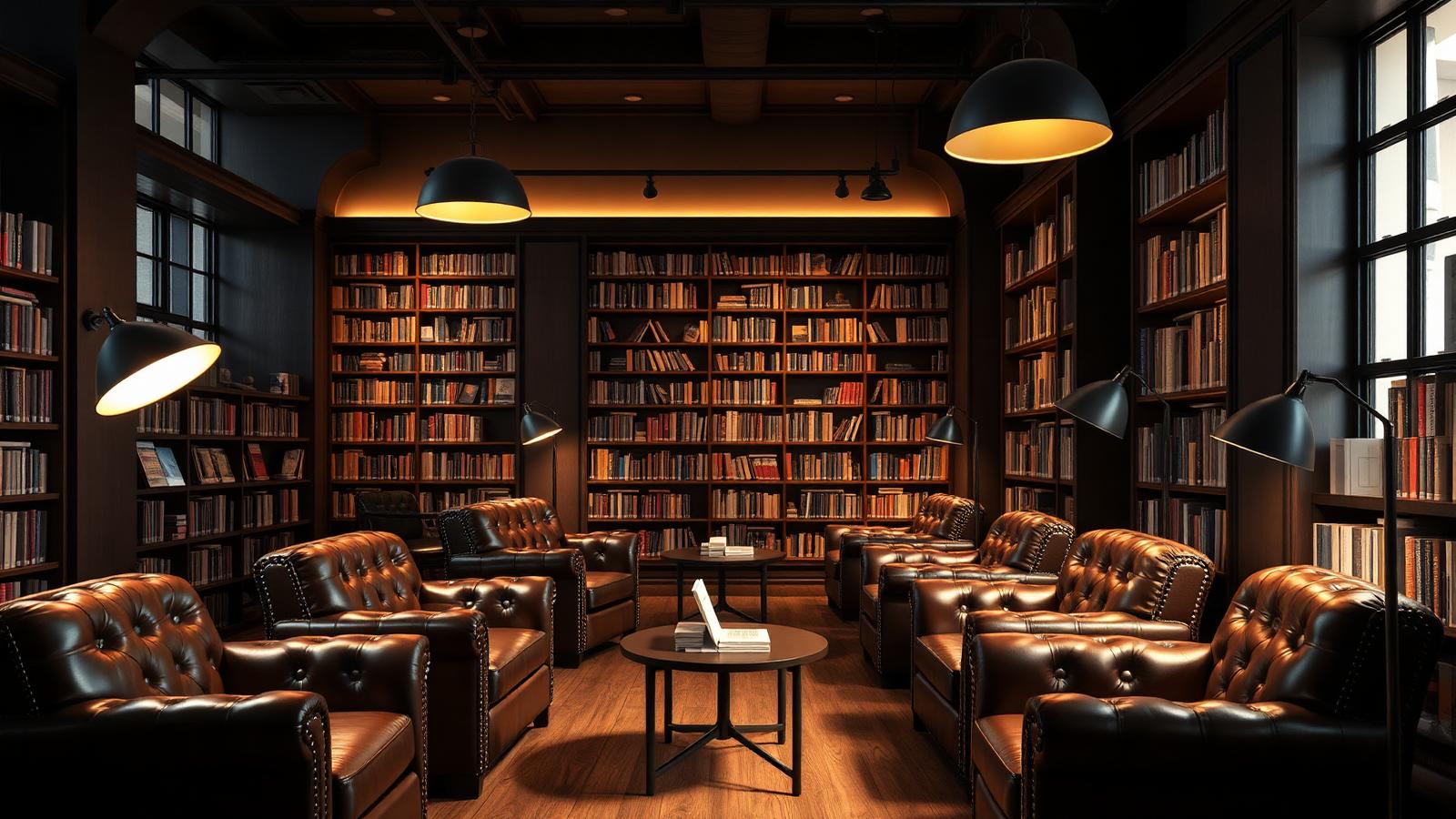 Bookstore reading lounge with leather armchairs and individual reading floor lamps at 2700K