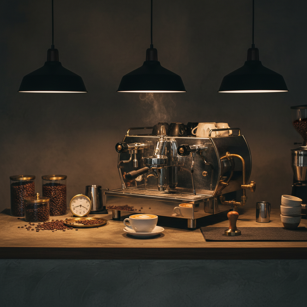 Specialty coffee bar counter under three black cone pendant lights with CRI 95 warm 2700K dimmable LEDs, espresso machine and brass fittings