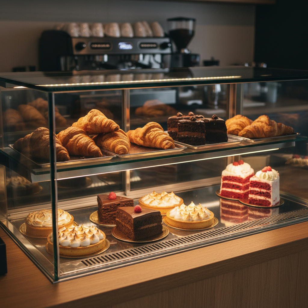 Glass pastry display case with high CRI 95 R9>90 LED strip inside, croissants and cakes glowing with appetizing color, no glare on glass