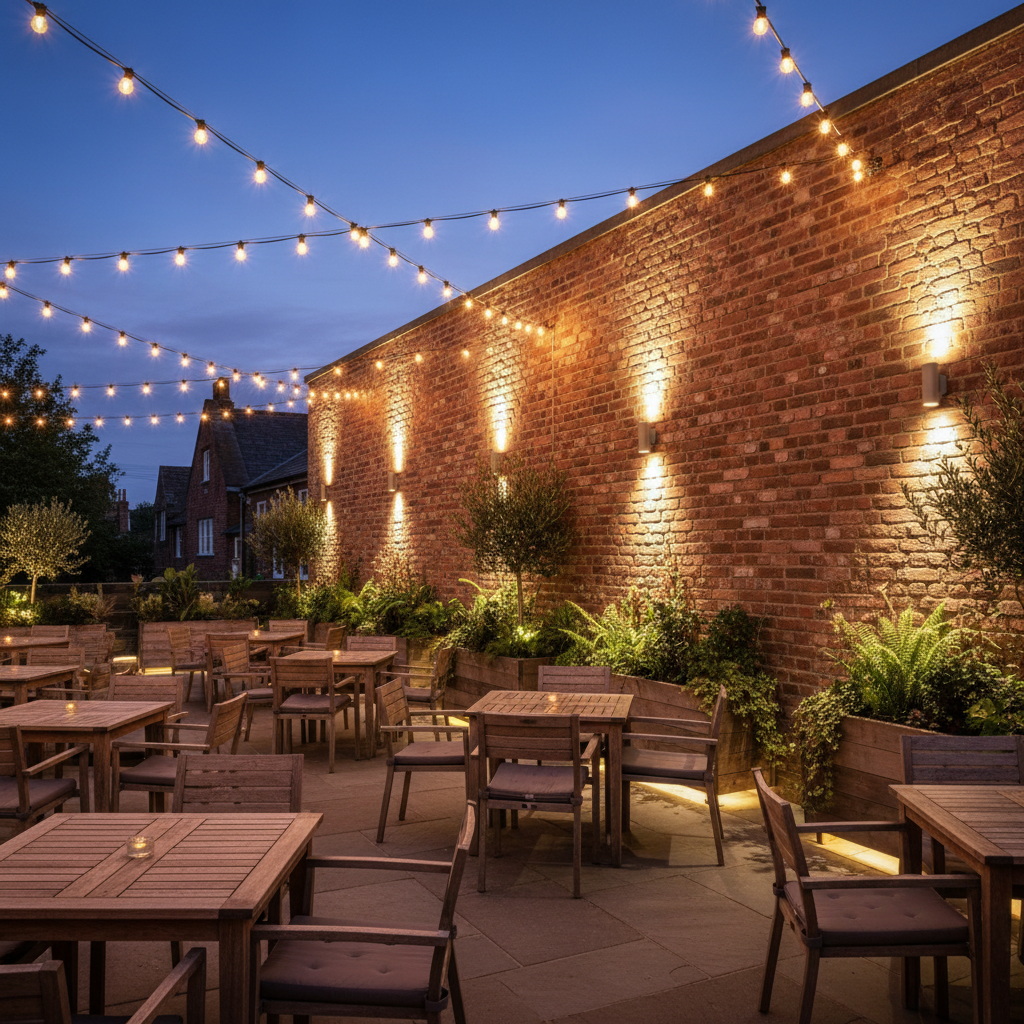 Cafe outdoor terrace at twilight with festoon string lights and IP65 wall washers, warm 2700K, brick facade and planters, smart Casambi controlled patio
