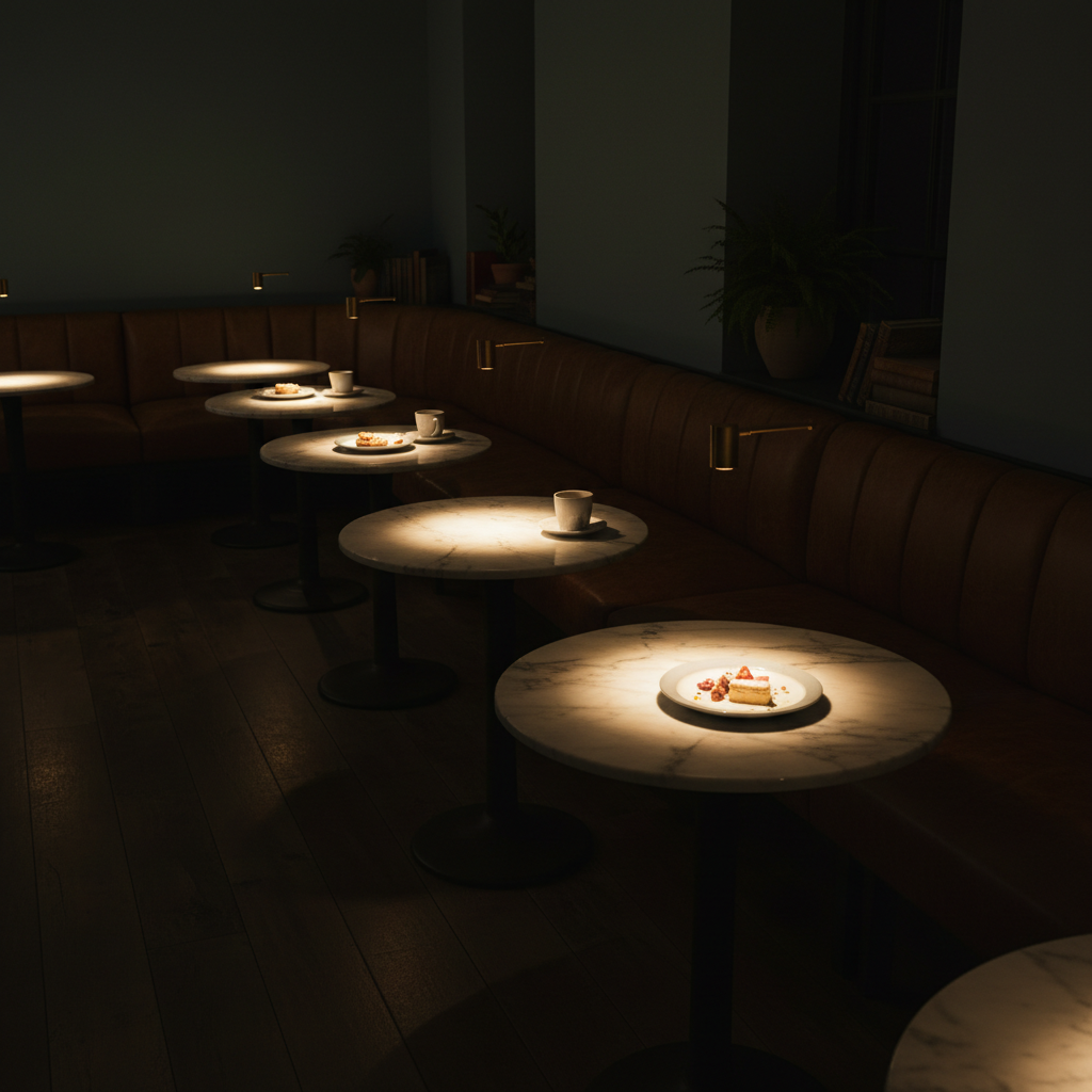 Cozy cafe seating area with leather banquettes and small marble tables, each table lit by an individual brass mini spotlight, warm 2200-2700K dim ambient