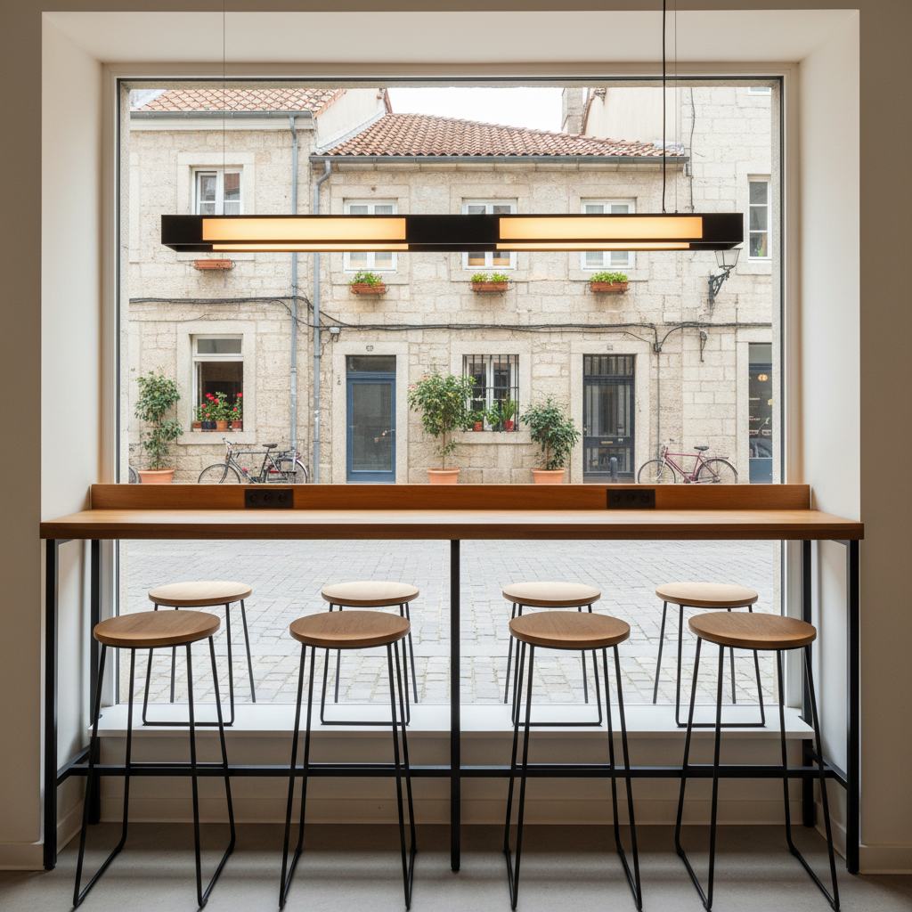 Cafe window-side high counter with bar stools facing the street, daylight harvesting linear LED at 3000K, sustainable energy efficient lighting