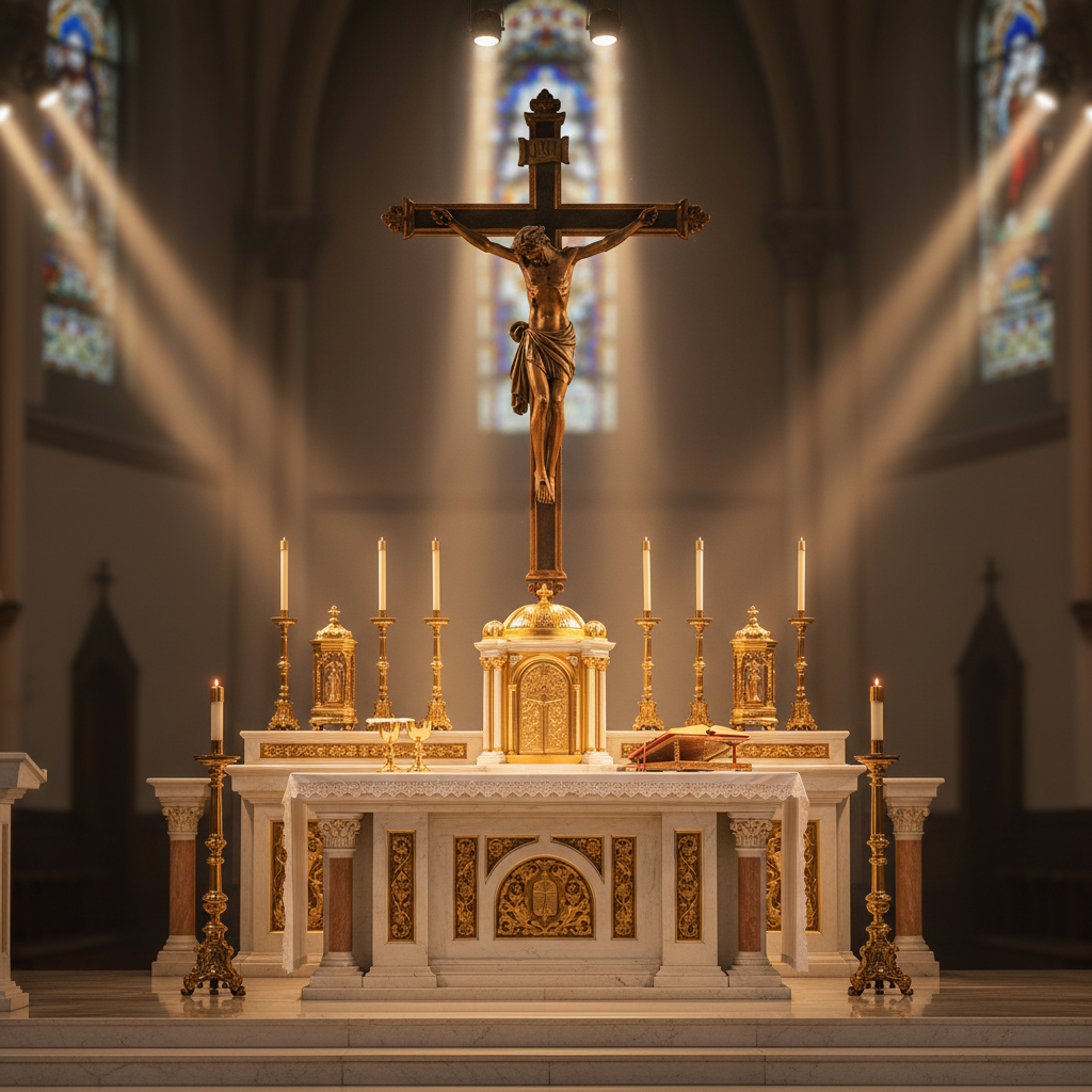 Catholic church altar and crucifix illuminated by narrow-beam adjustable LED spotlights, warm 3000K CRI 95 high color rendering on golden altar pieces