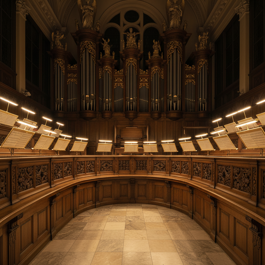 Church choir loft and pipe organ illuminated by linear LED task lights, warm 3000K, brass organ pipes and ornate carved wood, dimmable DALI controlled