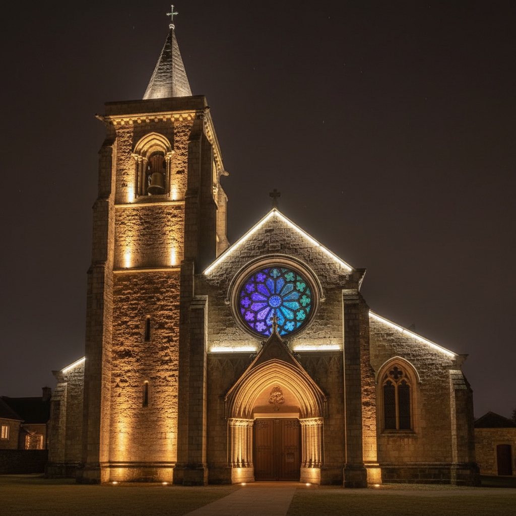 Exterior of historic stone church at night with IP66 facade floodlights uplighting the bell tower and gothic arches, warm 3000K accents on stonework