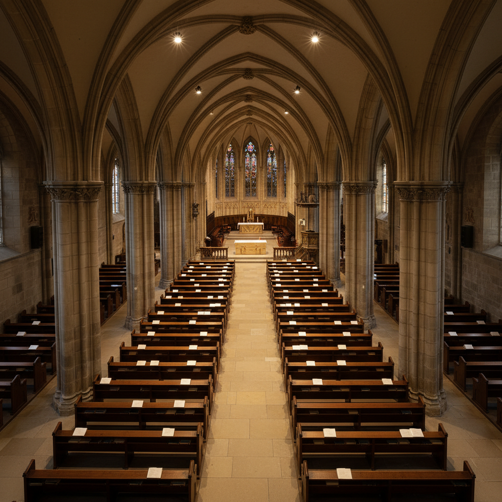 Church nave with wooden pews from above, soft uniform downlights at UGR<19 anti-glare ensuring readable hymn books at every seat