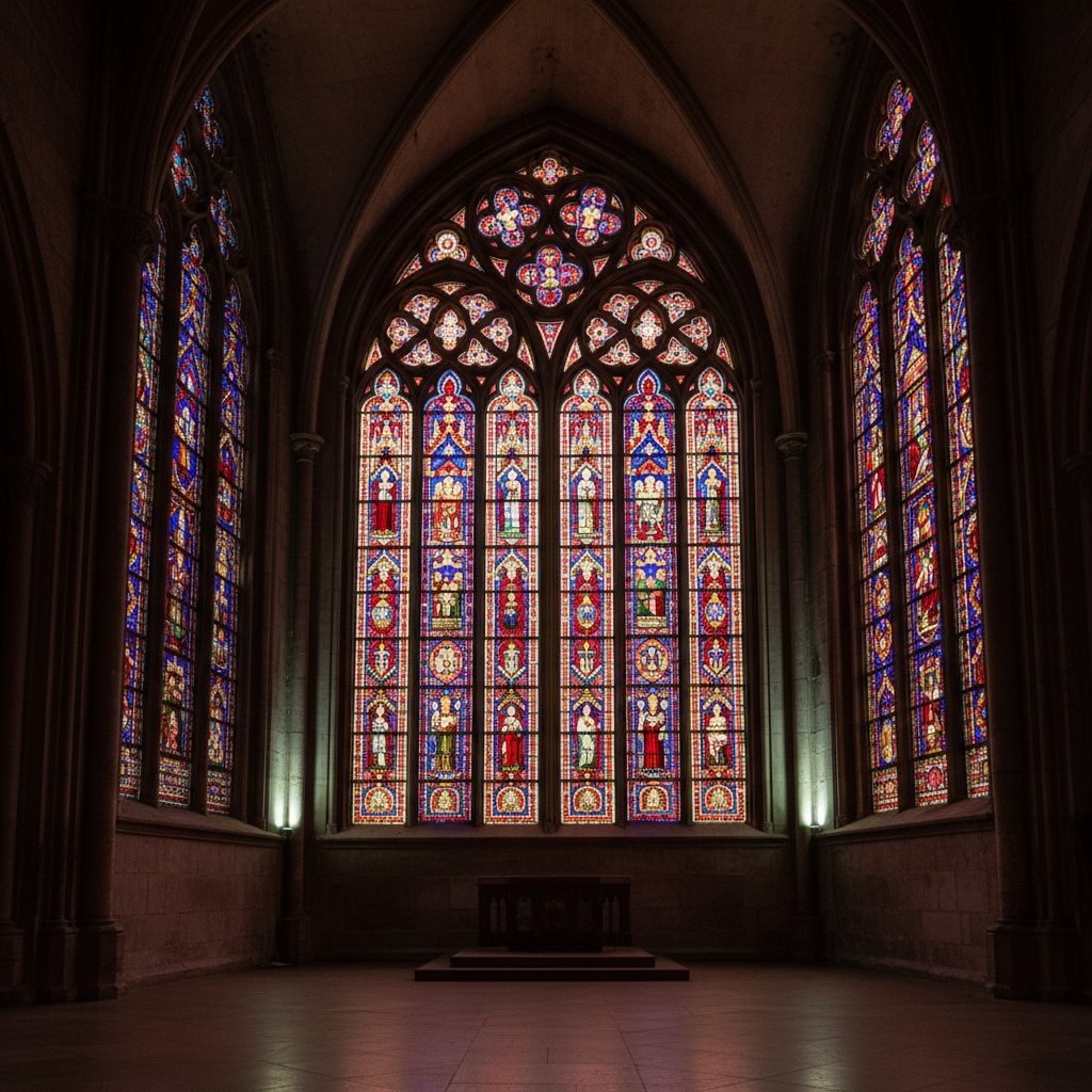 Stained glass church window seen from inside at evening, exterior LED backlight illuminating colored glass to glow inward, jewel-tone reds and blues