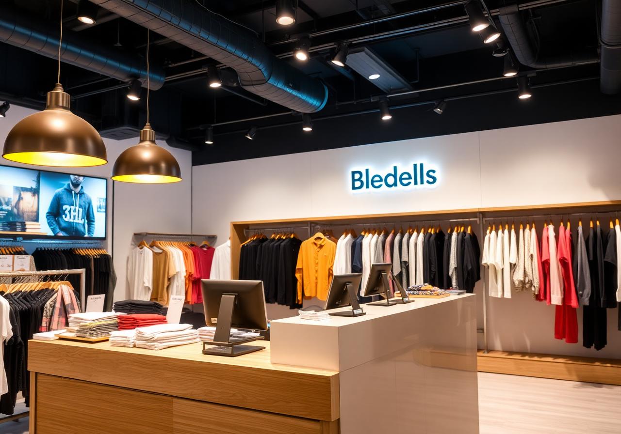 Clothing store checkout counter with warm pendant lighting and brand logo backlit at 3000K