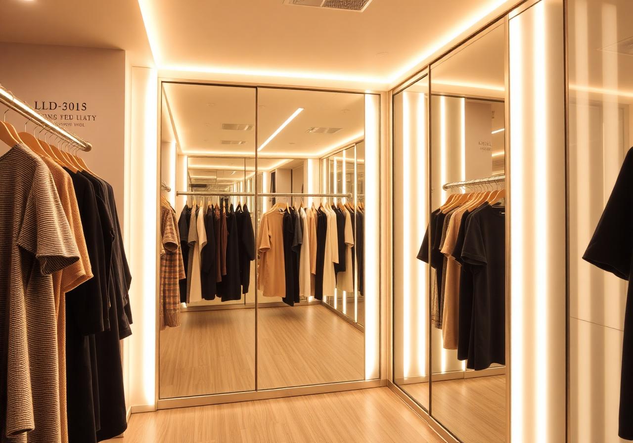 Clothing store fitting room with wraparound vertical LED strip at 3000K flattering CRI 95+