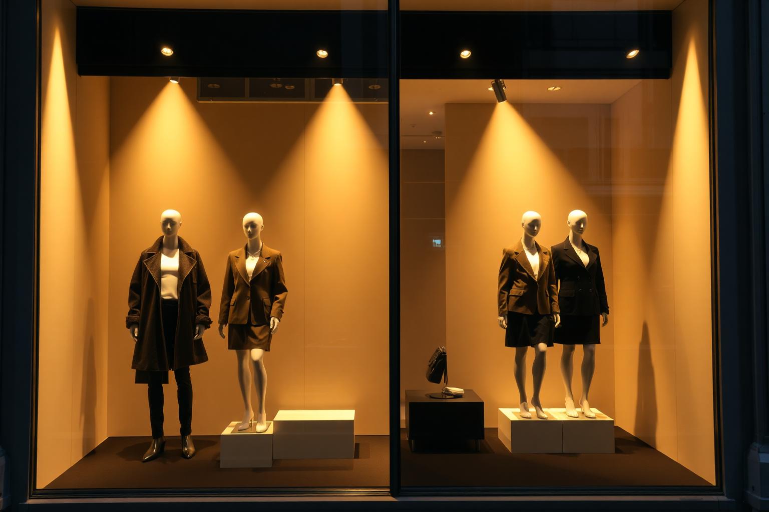 Fashion store window display with mannequins under narrow-beam 3000K accent spotlights, dramatic contrast