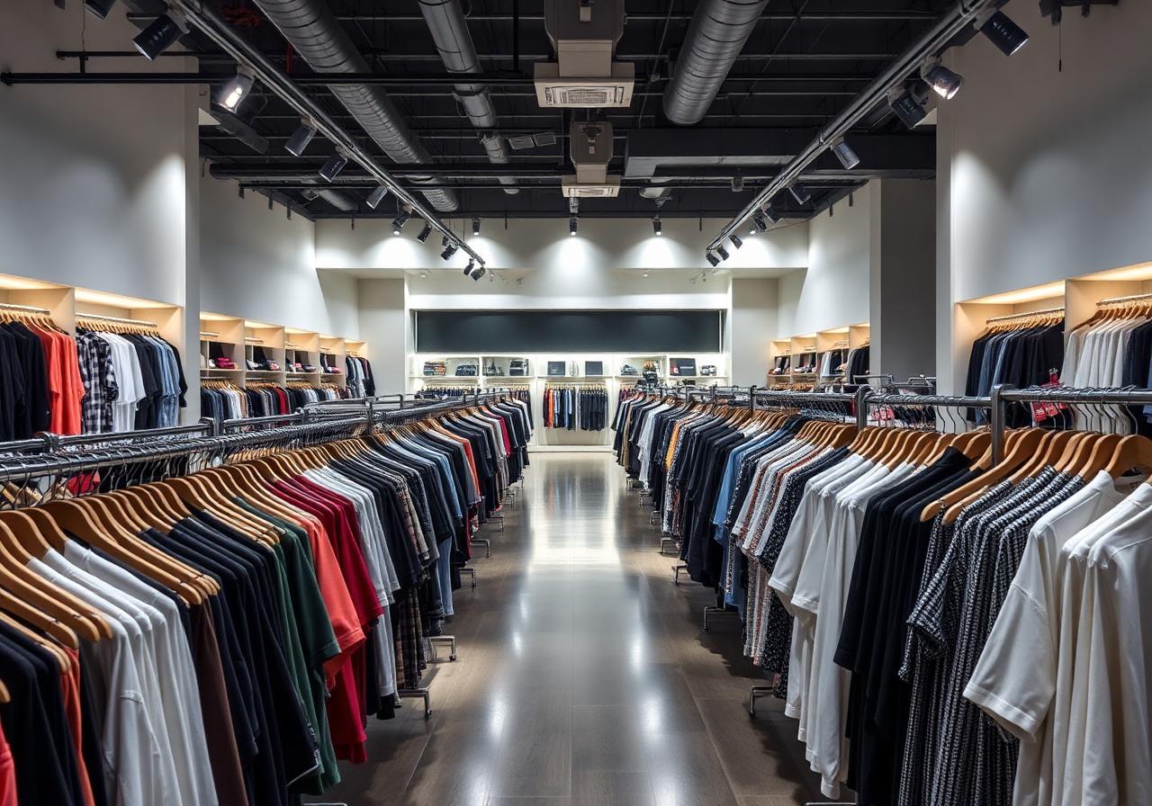Apparel shop floor with track-mounted spotlights highlighting garment rails at mixed 3000K-4000K