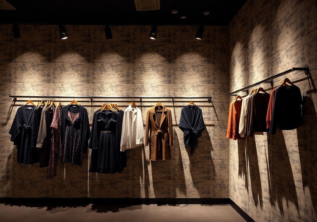 Boutique wall display with focused 3000K spotlights highlighting fabric textures