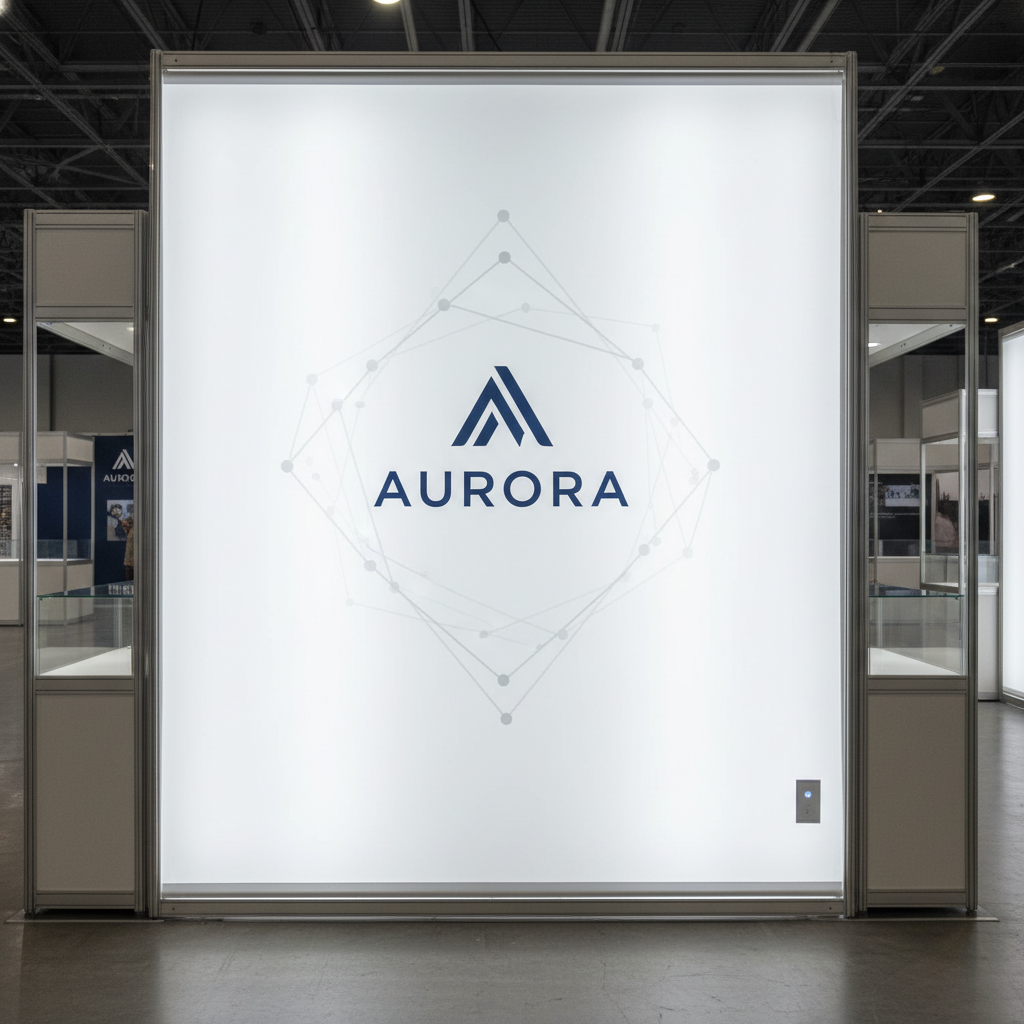 Tradeshow backlit fabric graphic wall with brand logo, edge-lit LED light box behind tension fabric, perfectly uniform glow with no hot spots, 5000K daylight white