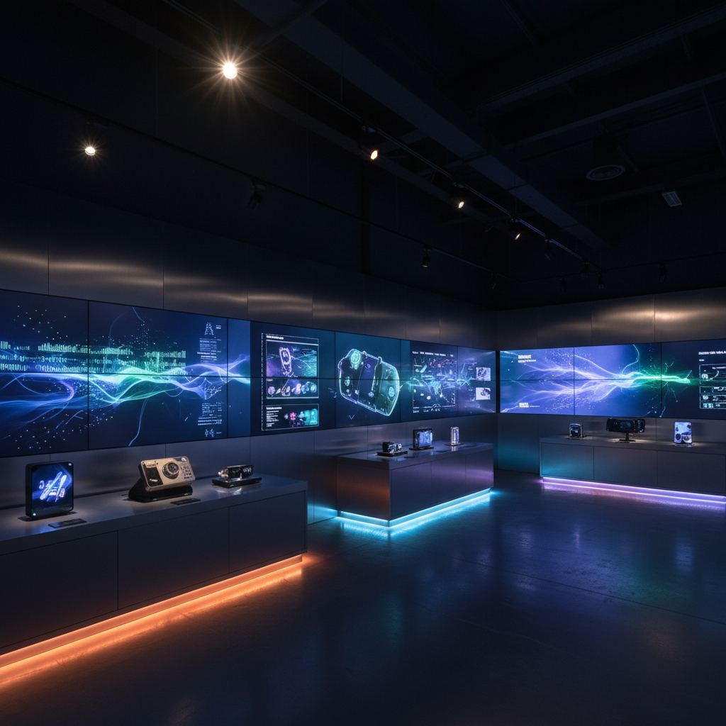 Interactive exhibition zone with large touchscreen video walls and demo stations, dim ambient lighting around screens to enhance contrast, accent magnetic track spots on demo products only