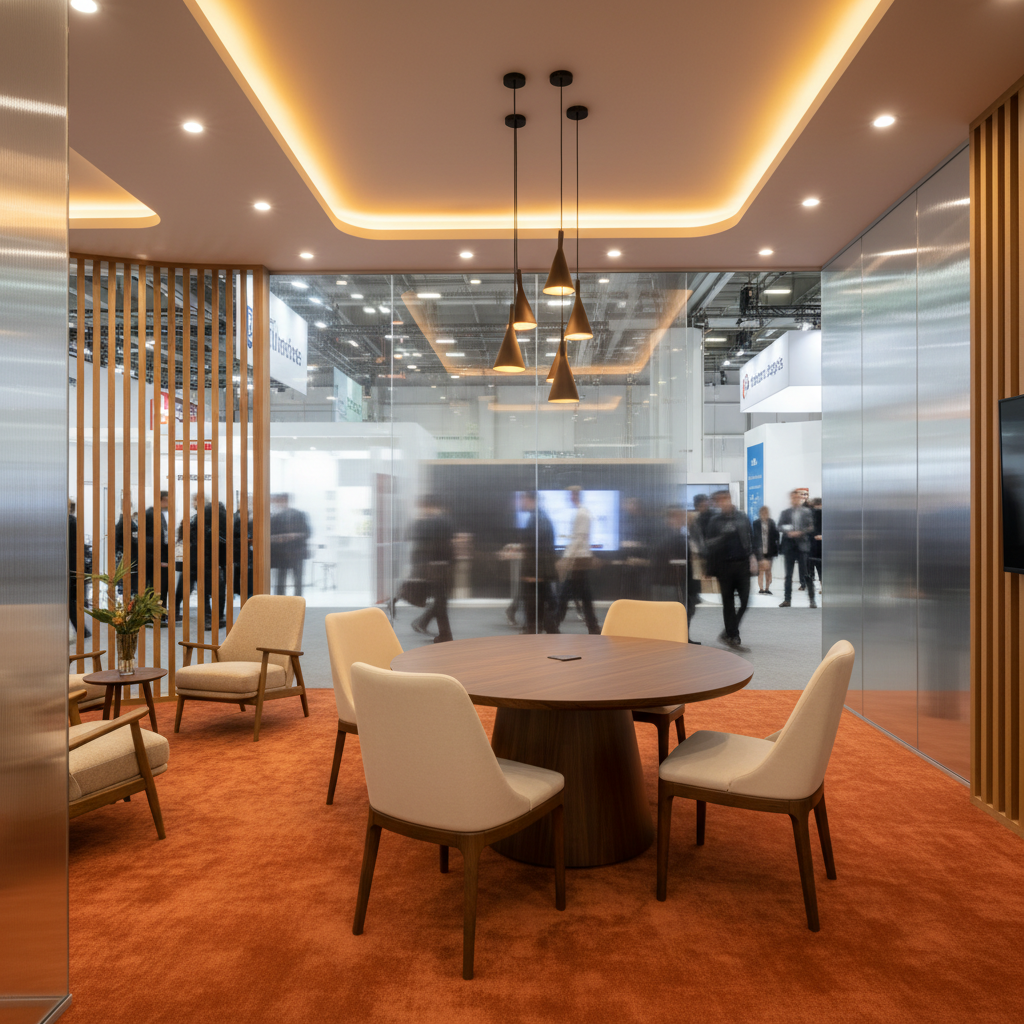 Exhibition booth private meeting lounge with low cove lighting and small pendants over a round meeting table, warm 3000K dimmable hospitality lighting inside a busy trade show