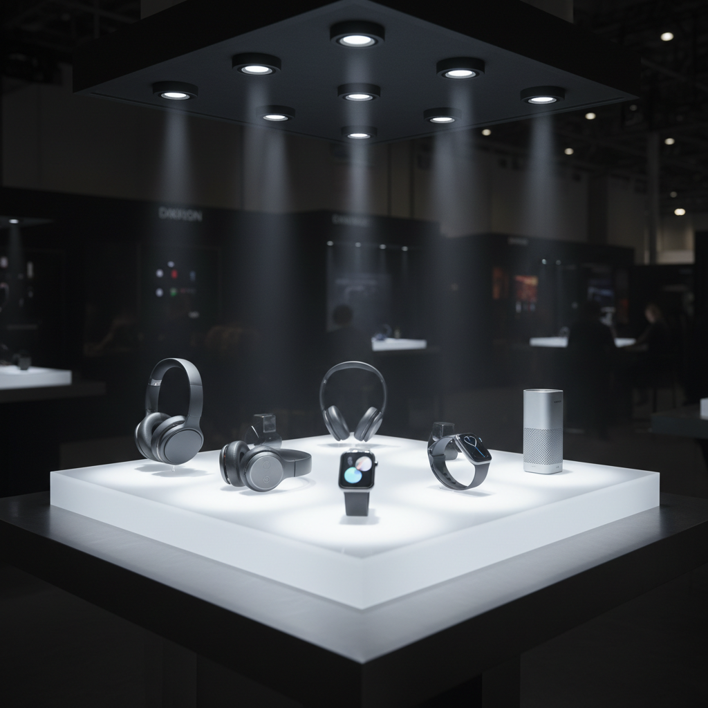 Exhibition booth product display table with consumer electronics on a glowing white podium, multiple narrow-beam LED spotlights from above, CRI 95 high color accuracy