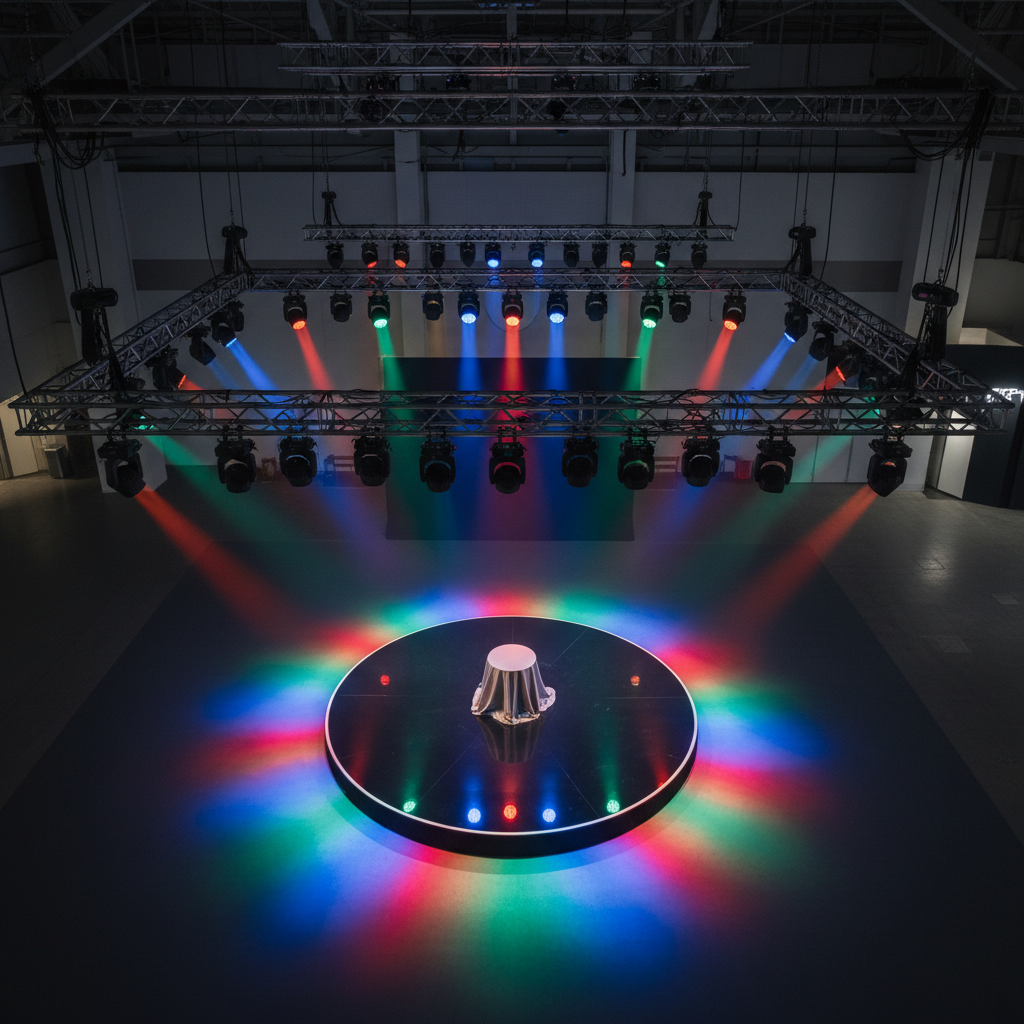 Overhead view of exhibition hall ceiling truss rigged with moving-head RGB LED wash fixtures, DMX controlled, casting saturated color light onto a stage below for product launch event