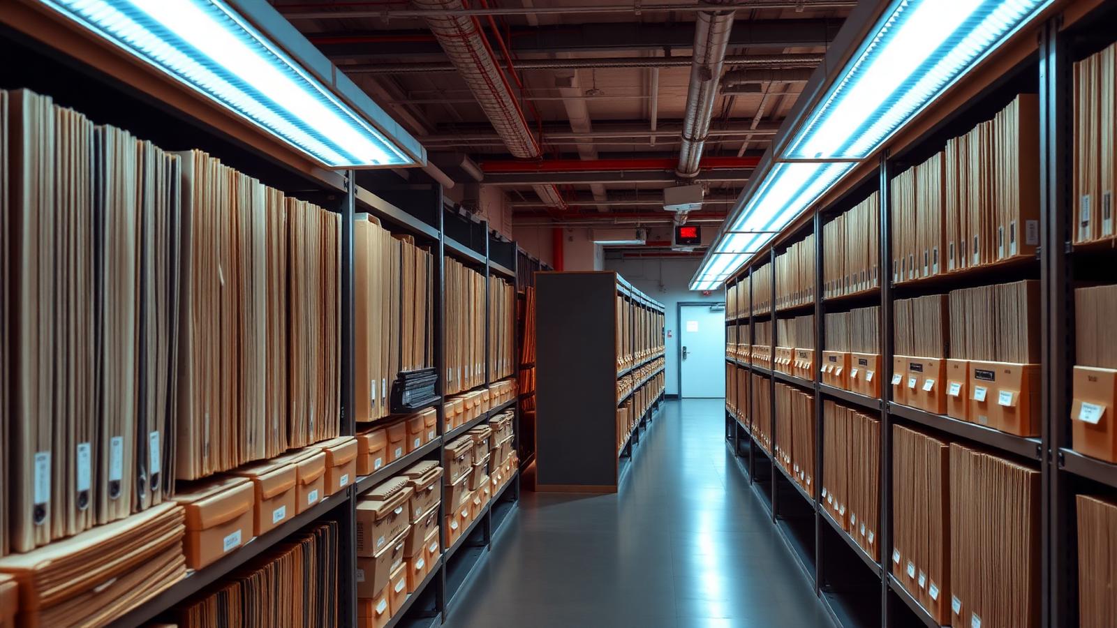 Government records archive room with low-UV LED linear lights and motion sensor on mobile shelving