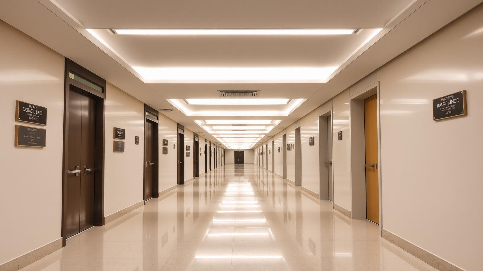 Government office corridor with motion-sensor LED panels at 200 lux and door nameplates