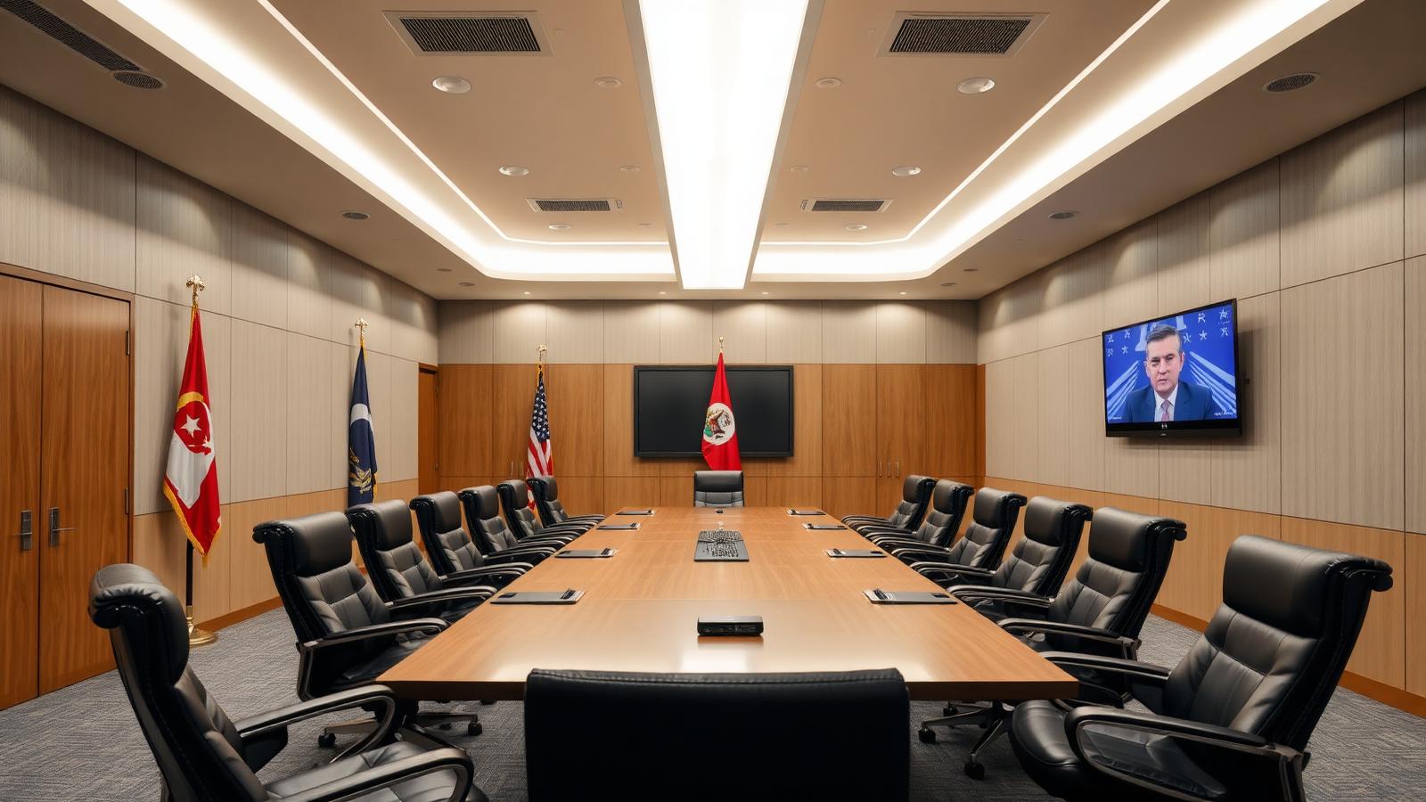 Government meeting room with long conference table and DALI-2 dimmable LED linear pendant, national flags