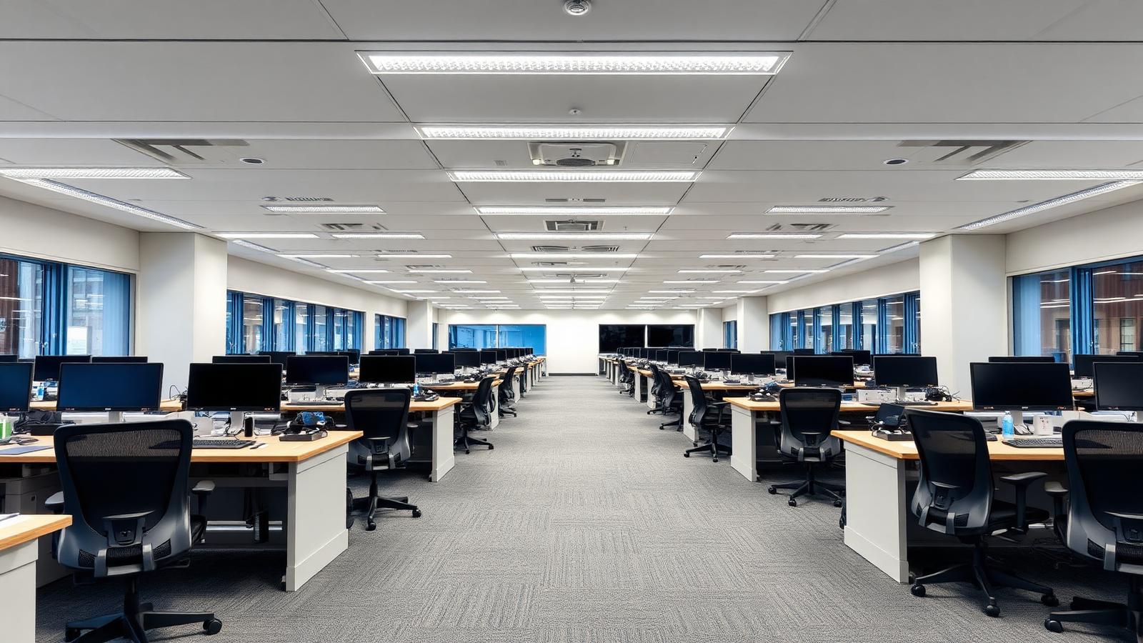 Government open-plan office workspace with UGR<19 LED panel lights at 500 lux on desks, EN 12464-1 compliant