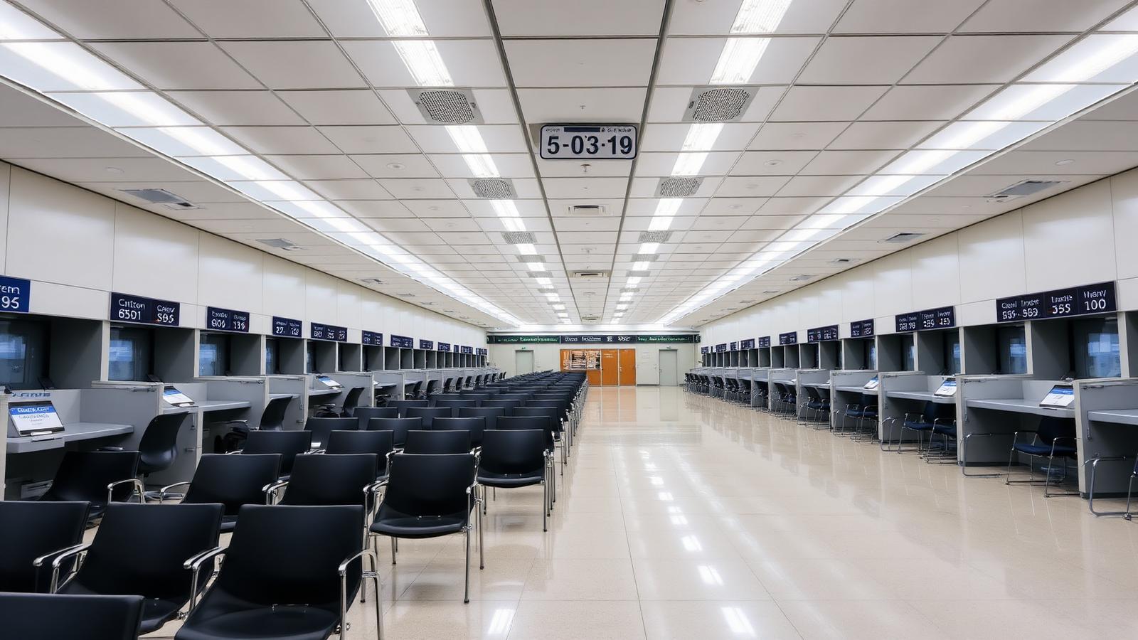 Government citizen service public hall with rows of counters and uniform LED panel lighting at 500 lux UGR<19