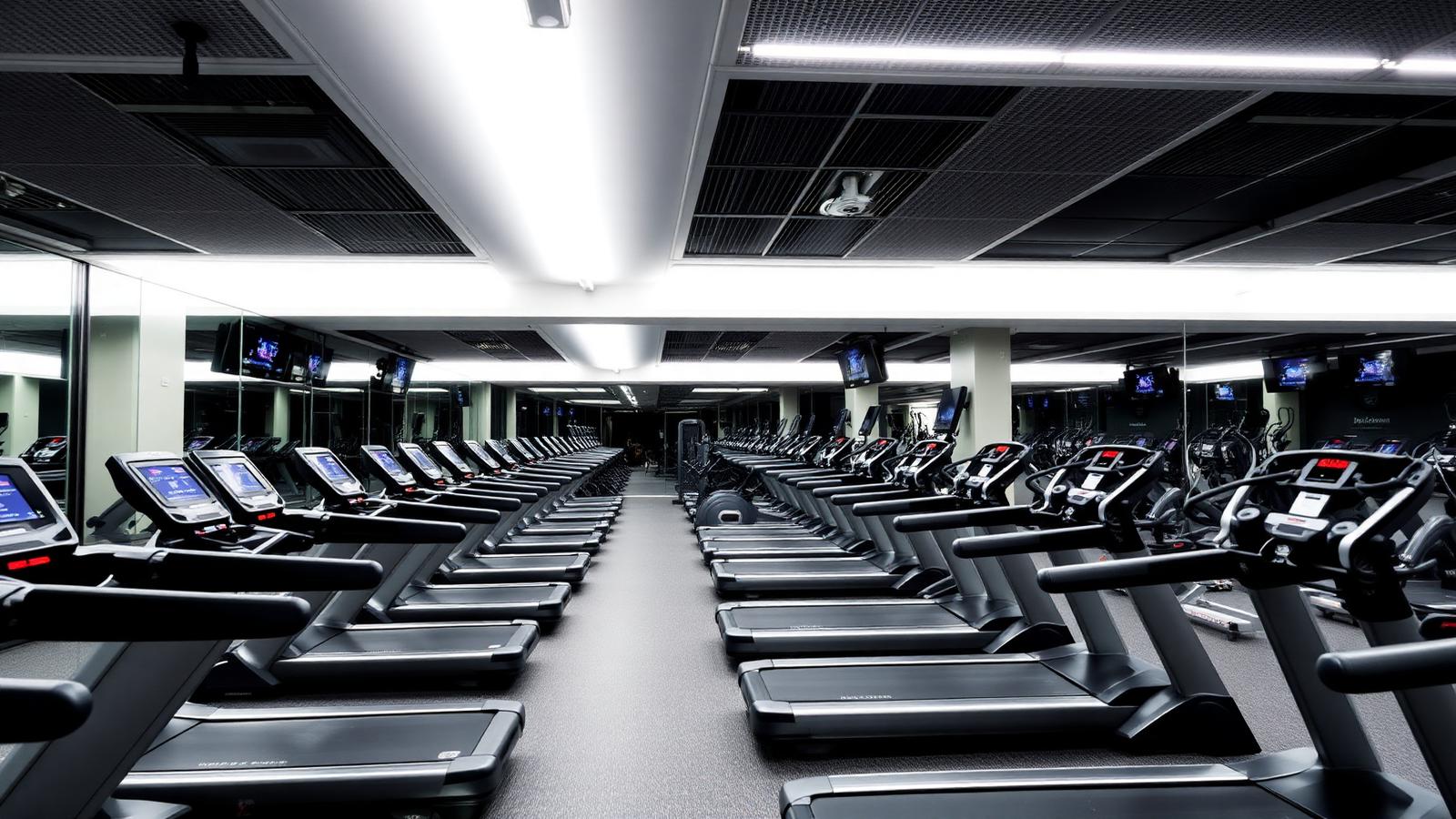 Gym cardio zone with treadmills and ceiling linear LED panels providing even bright 4000K white light