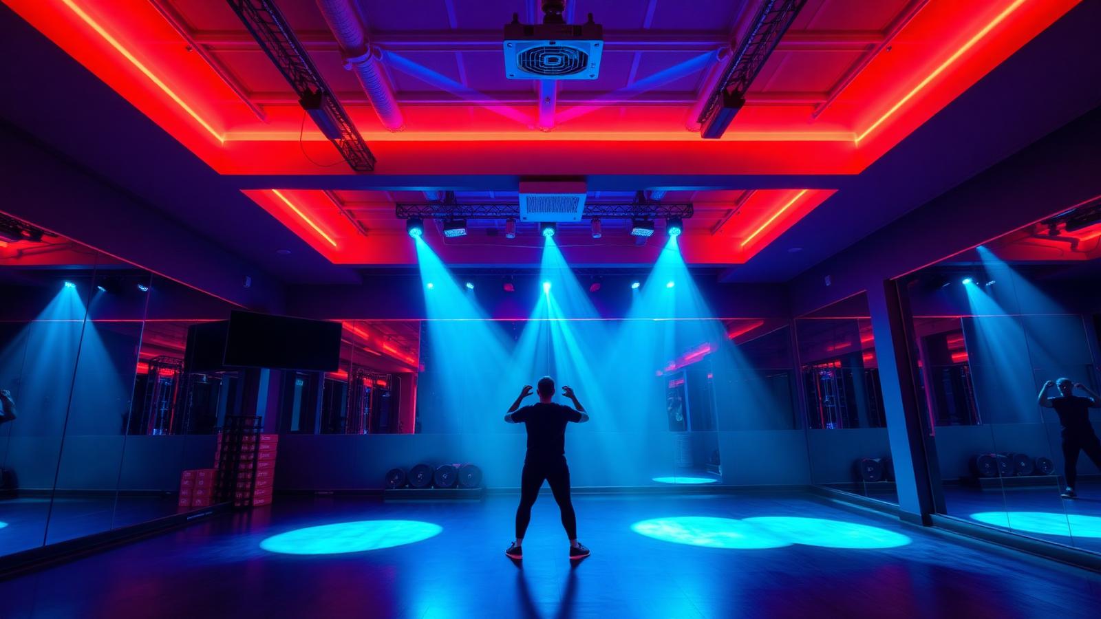 Group fitness HIIT studio with dynamic RGBW color changing red and blue lighting
