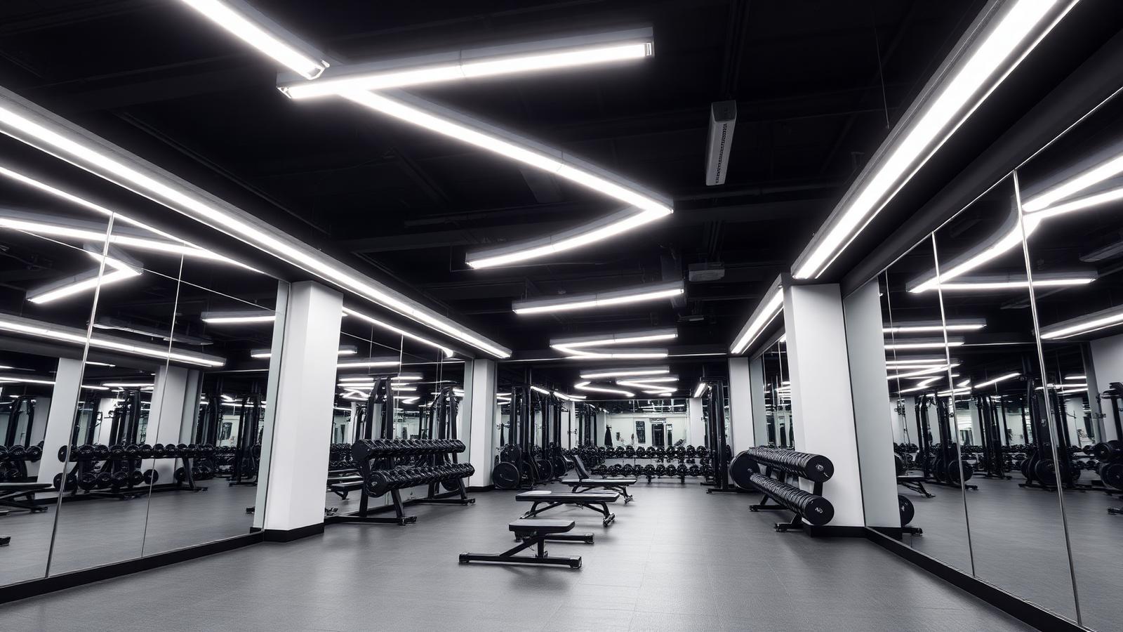 Modern premium gym free weights zone with mirrored walls and bright 5000K linear LEDs