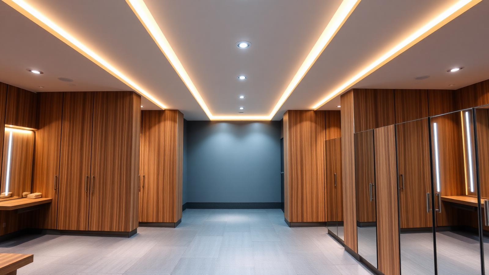 Gym locker room with wood lockers and warm 3000K cove lighting plus mirror lighting