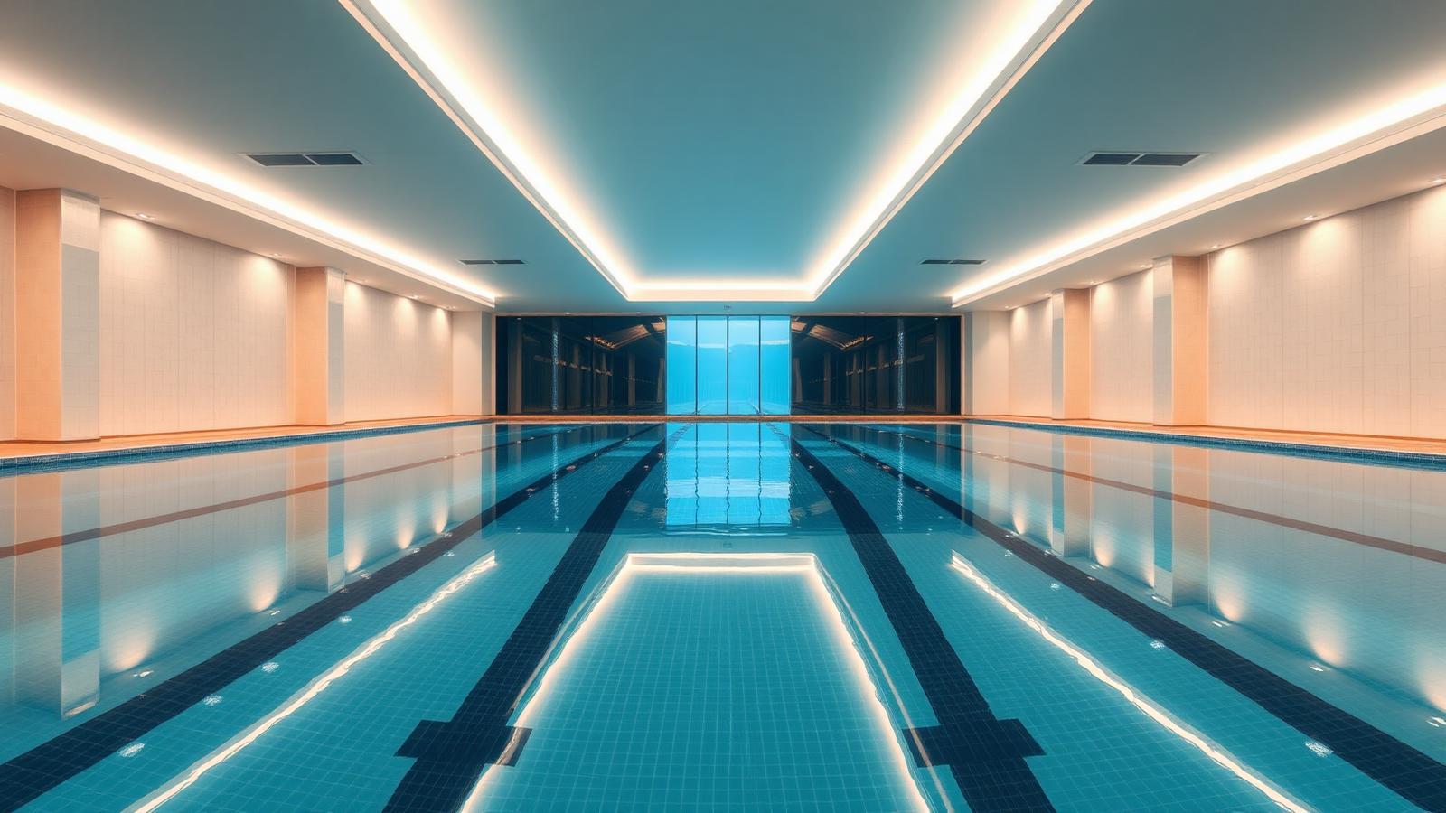 Indoor swimming pool with IP65 waterproof linear LED ceiling lighting and even reflection