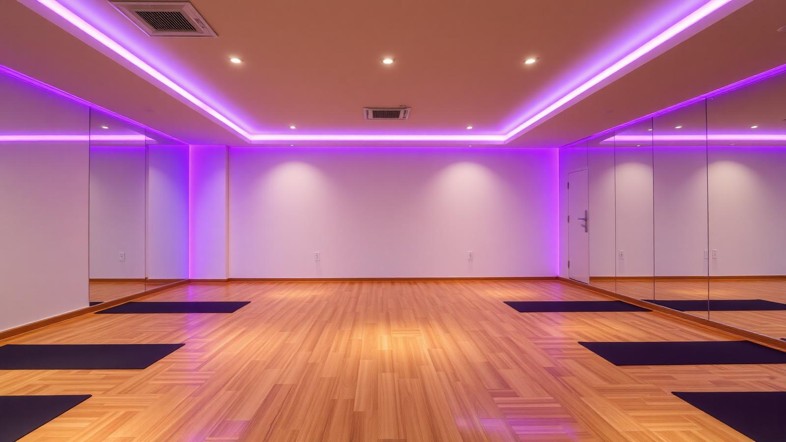 Yoga studio with hardwood floor and warm dimmable downlights plus purple RGBW wall wash