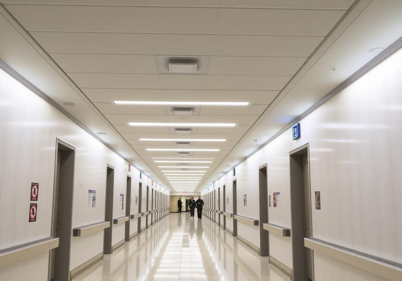 Hospital corridor with linear LED batten and continuous indirect cove lighting at 3500K