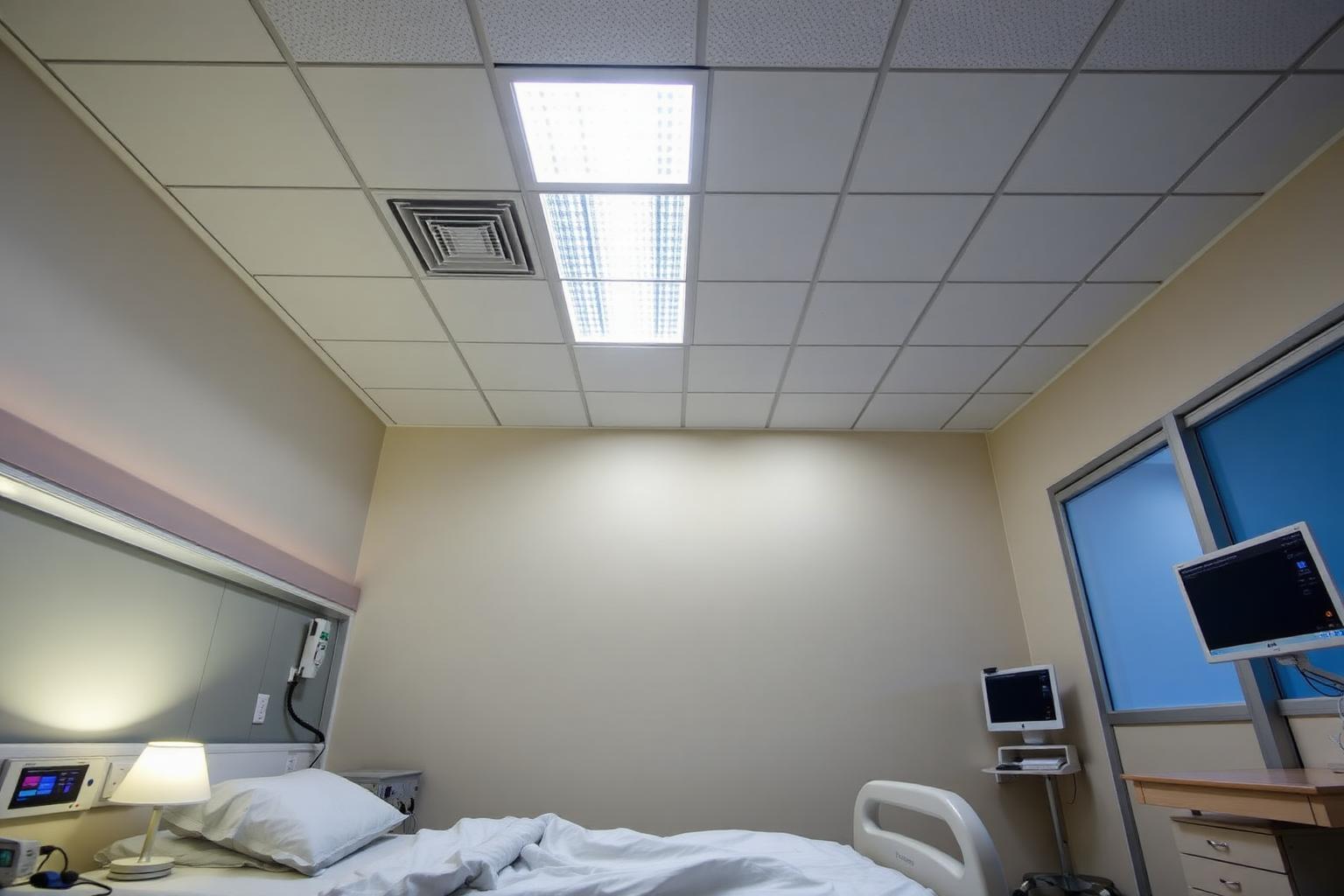 Hospital patient ward with bedside warm 3000K reading light and 4000K ceiling tunable white panel, anti-glare healing environment