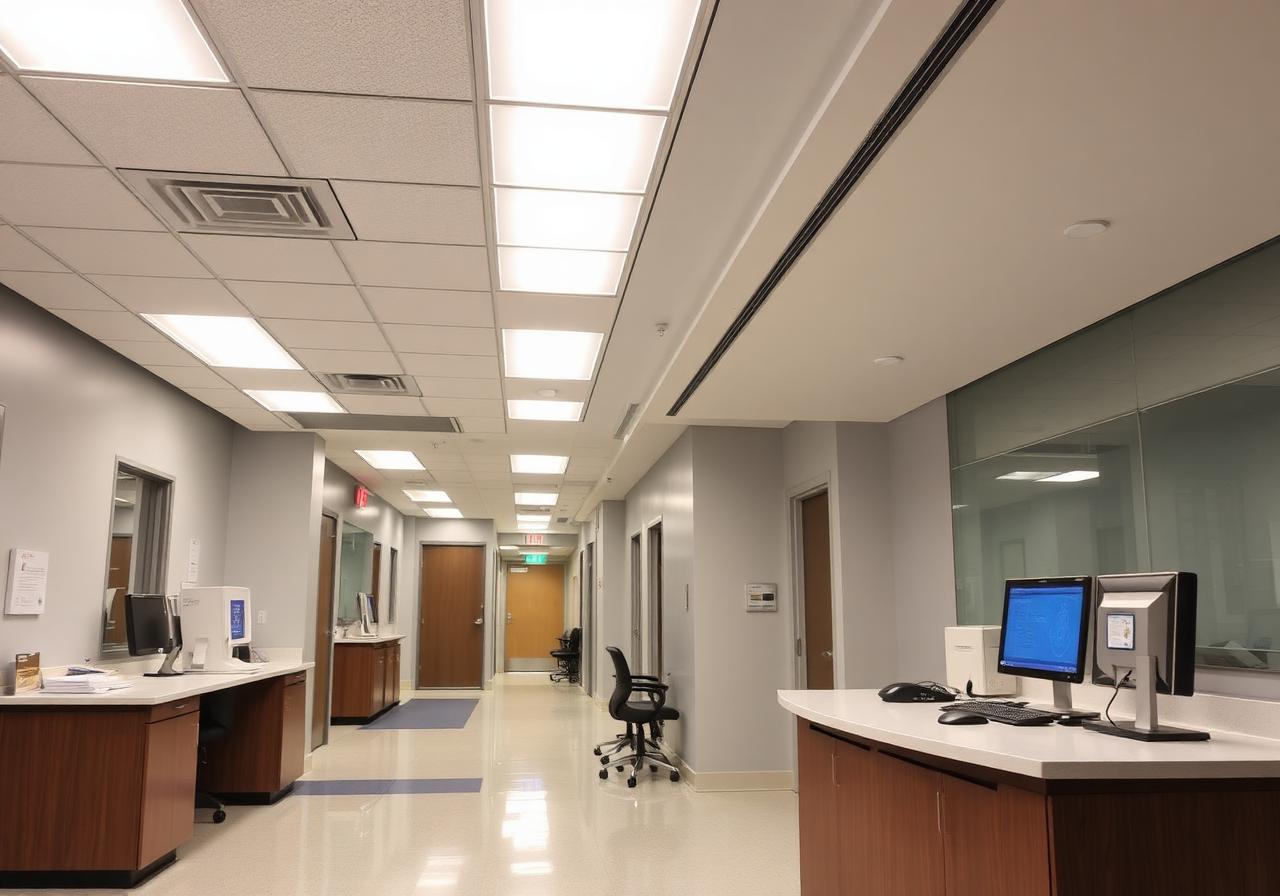 Hospital nurse station with 4000K UGR<19 anti-glare LED panels above workstation